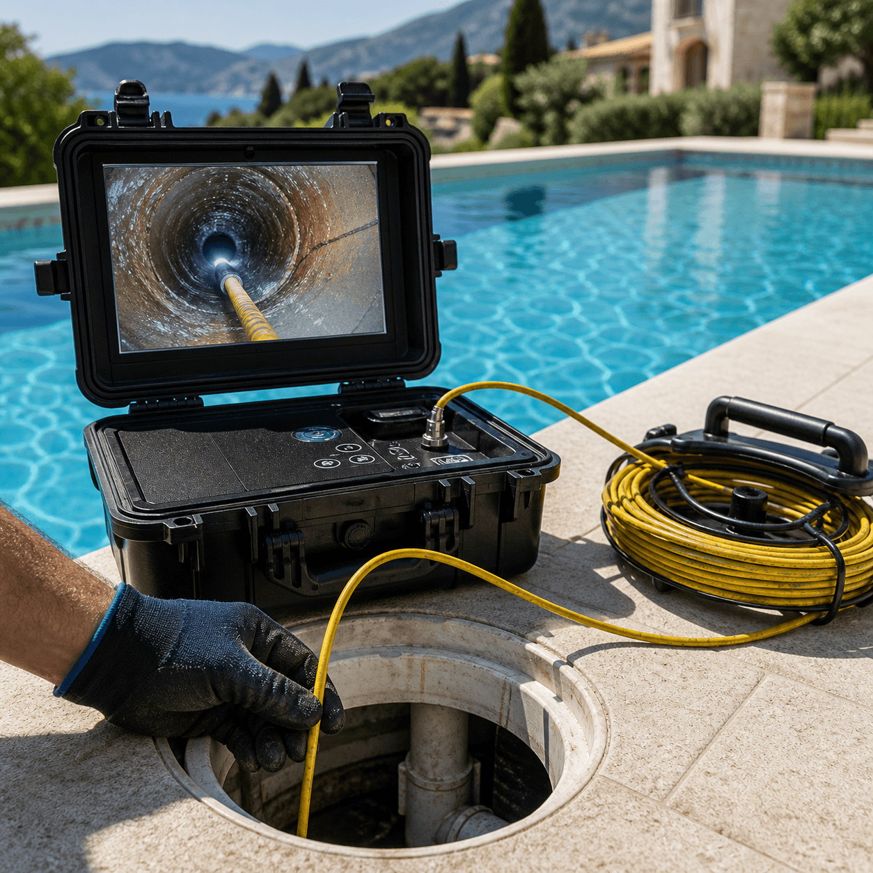 Cámara endoscópica revisando el interior de las tuberías de una piscina para localizar la fuga